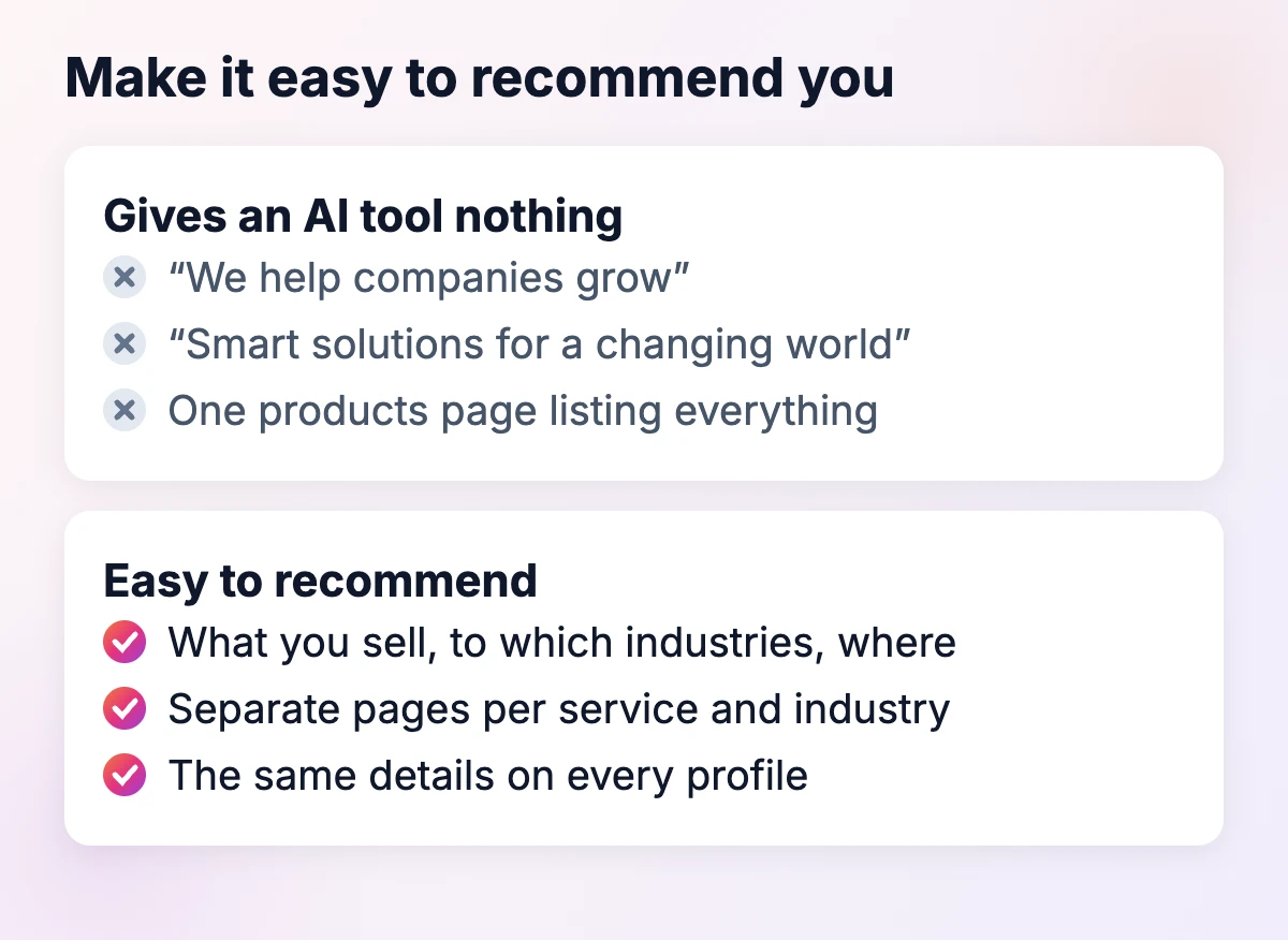 Vague company descriptions give AI tools nothing; explicit descriptions, separate service and industry pages and consistent details make you easier to recommend