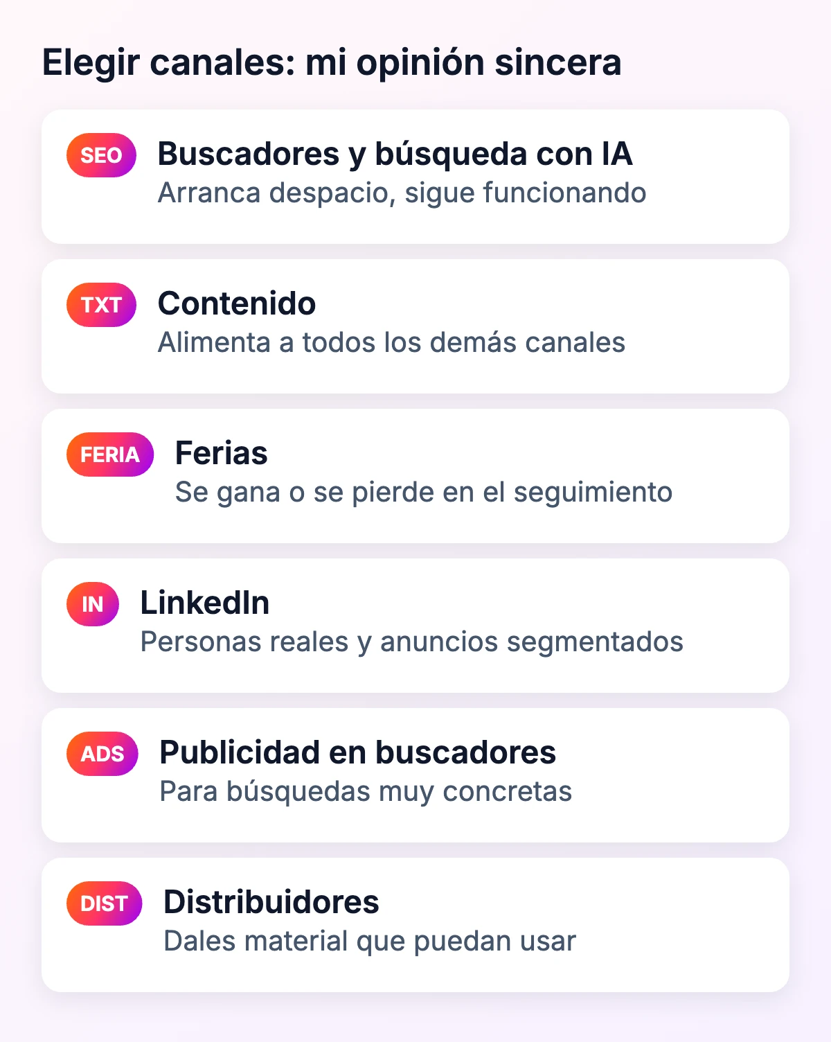 Canales de marketing para empresas industriales con una opinión sincera de cada uno: SEO, contenido, ferias, LinkedIn, publicidad en buscadores, distribuidores
