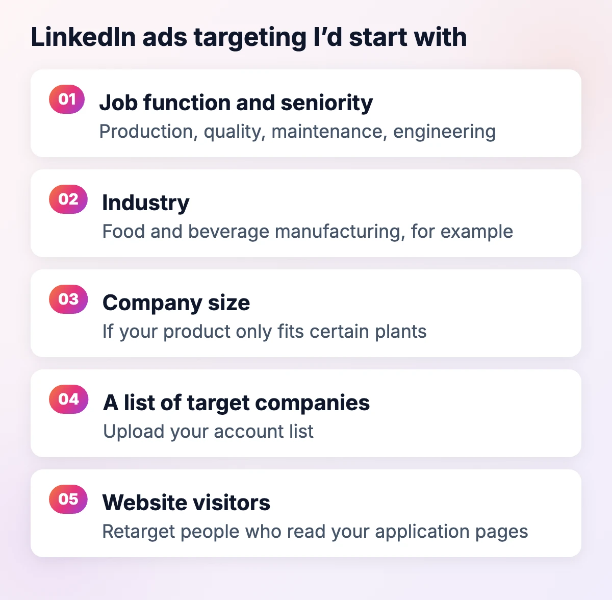 LinkedIn ads targeting for manufacturers: job function and seniority, industry, company size, a list of target companies, website visitors