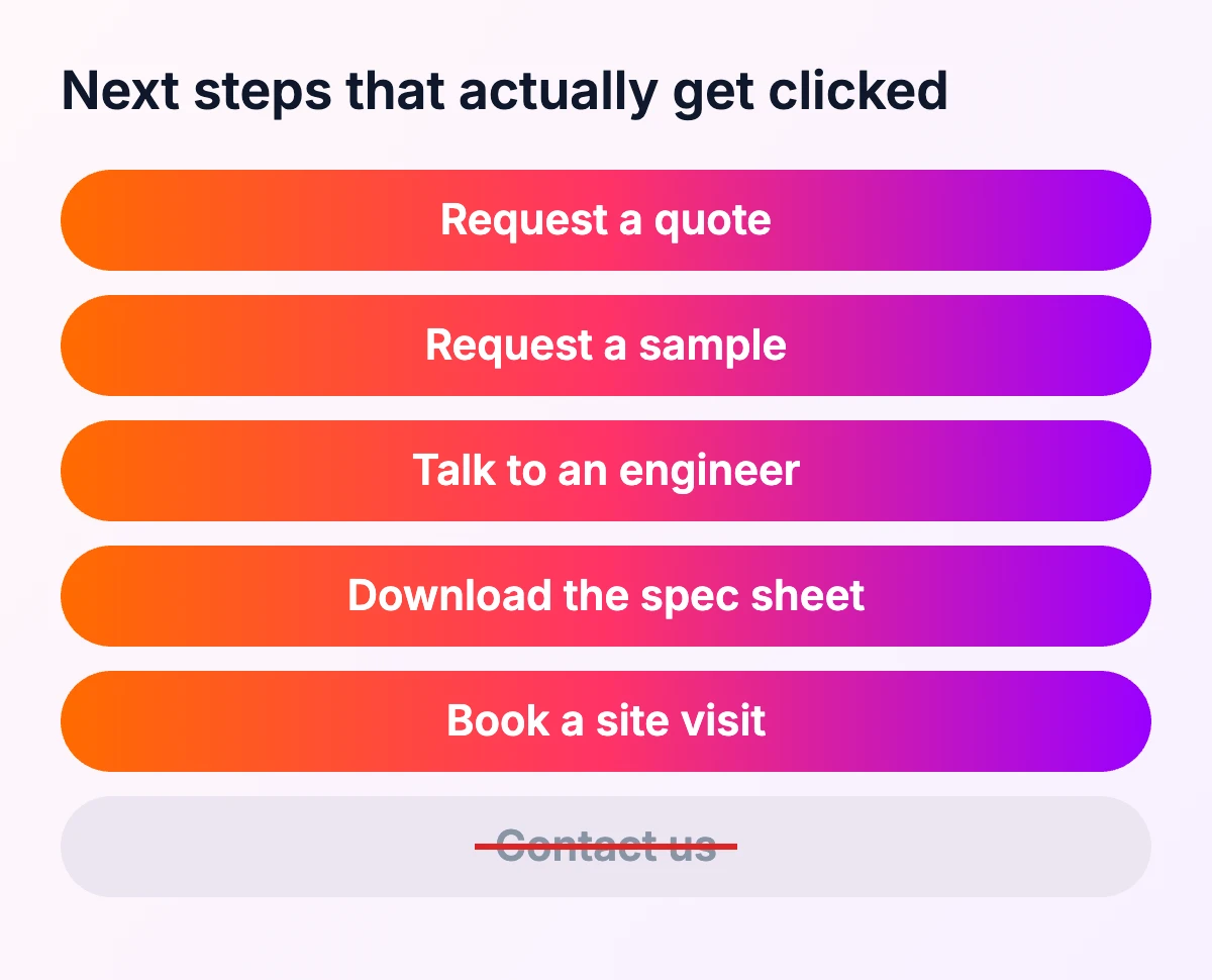 Website next steps that get clicked: request a quote, request a sample, talk to an engineer, download the spec sheet, book a site visit, instead of contact us